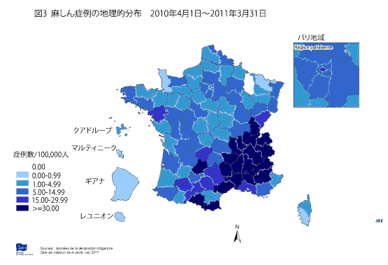 図3．麻疹症例の地理的分布2010年4月1日~2011年3月31日