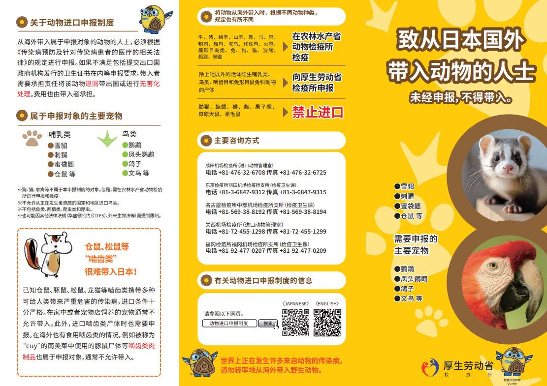 海外から動物を持ち帰る方へ（リーフレット）（中文）