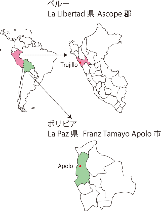 図．ペルー：La Libertad県Ascope郡Trujillo、ボリビア：La Paz県Apolo市の地図
