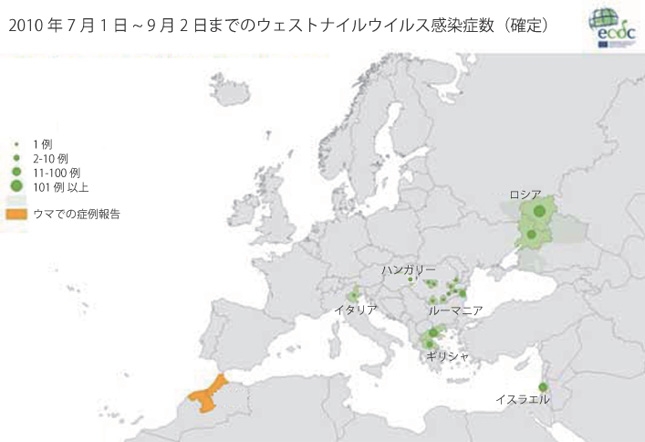 図、2010年7月1日～9月2日までのウェストナイルウイルス感染症数（確定）