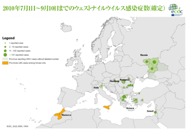 2010年7月1日～9月10日までのウェストナイルウイルス感染症数（確定）