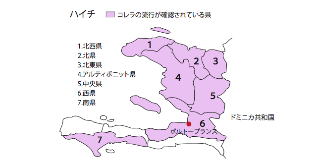 図、ハイチでコレラの流行が確認されている県1,北西県2,北県3,北東県4,アルティボニット県5,中央県6,西県7,南県