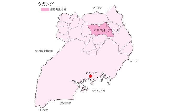 図.ウガンダ、患者発生地域（アガゴ州、アビム州）