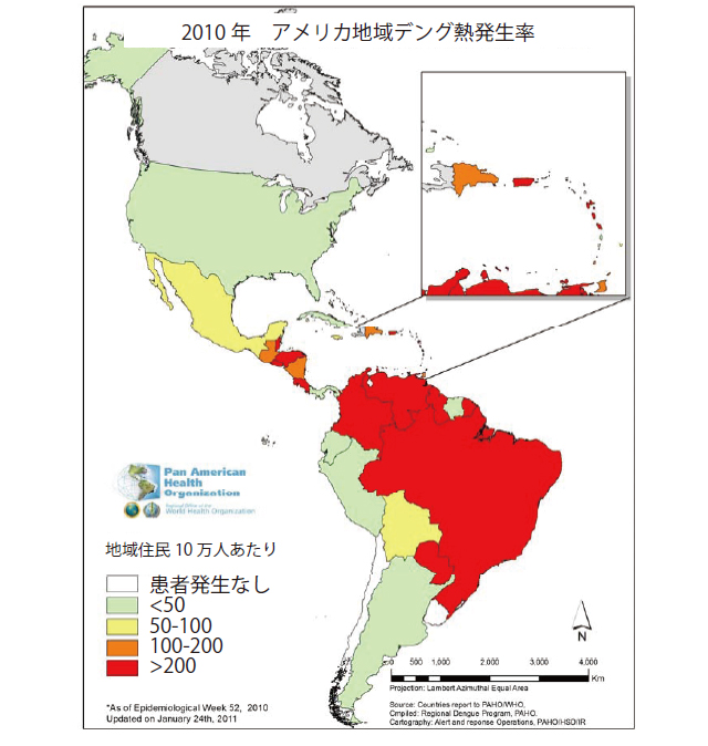 図．2010年　アメリカ地域デング熱発生率の地図