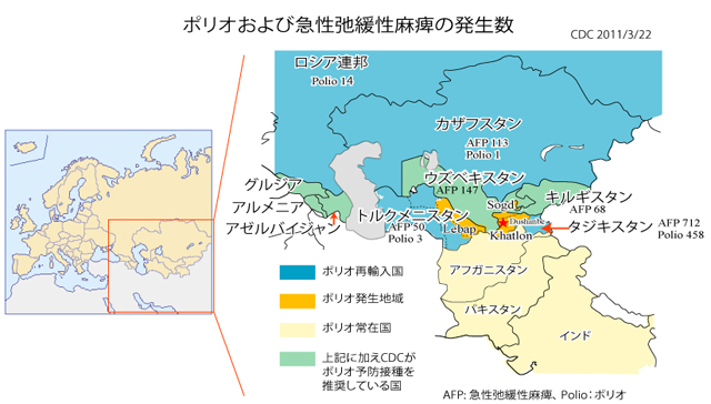 図.ポリオおよび急性弛緩性麻痺の発生数の地図