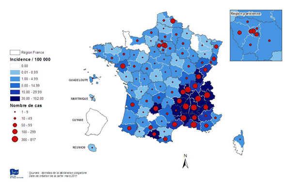 図2．フランス各県における2010年10月から2011年3月までの麻しん症例と発生の分布