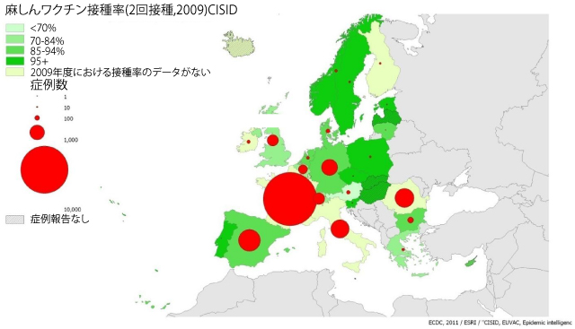 図1　疫学調査機関によって確認された麻しん症例の分布(2011)および麻しんワクチンの2回接種率