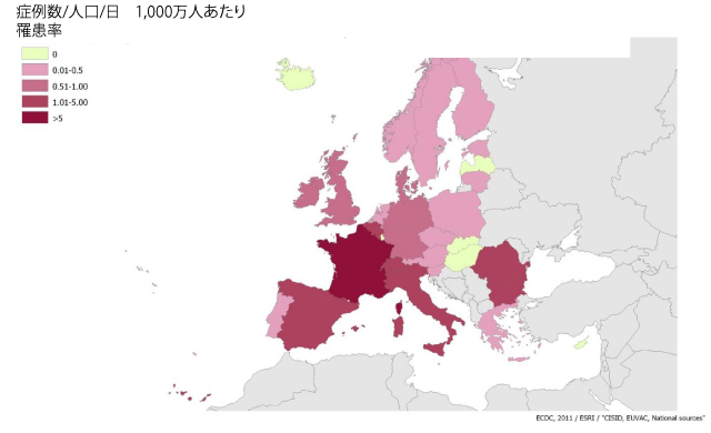 図2　罹患率(症例数/1,000万人/日)の国ごとの分布