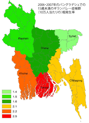 図.2006・2007年のバングラデシュでの15歳未満のギランバレー症候群(10万人当たりの)粗発生率