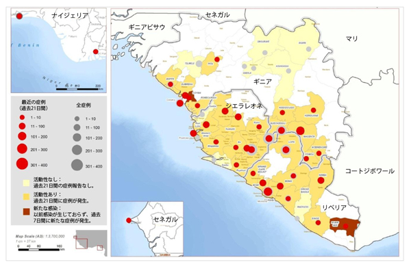 図,ギニア、リベリア、シエラレオネにおける新規症例数および総数の地理的分布
