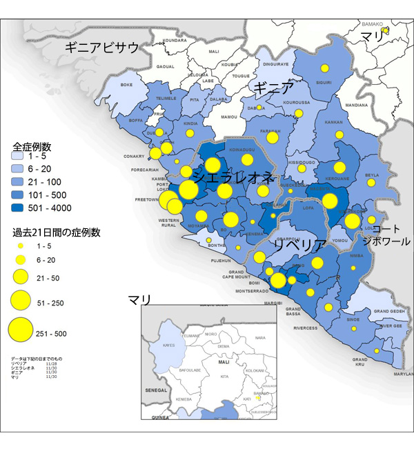 図．ギニア、リベリア、マリ、シエラレオネにおけるエボラ出血熱の新規および累積の診断確定および可能性の高い患者数の分布図