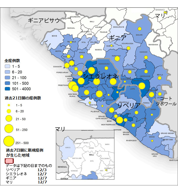 図,ギニア、リベリア、マリ、シエラレオネにおけるエボラウイルス病の新規および累積の診断確定および可能性の高い患者数の分布図
