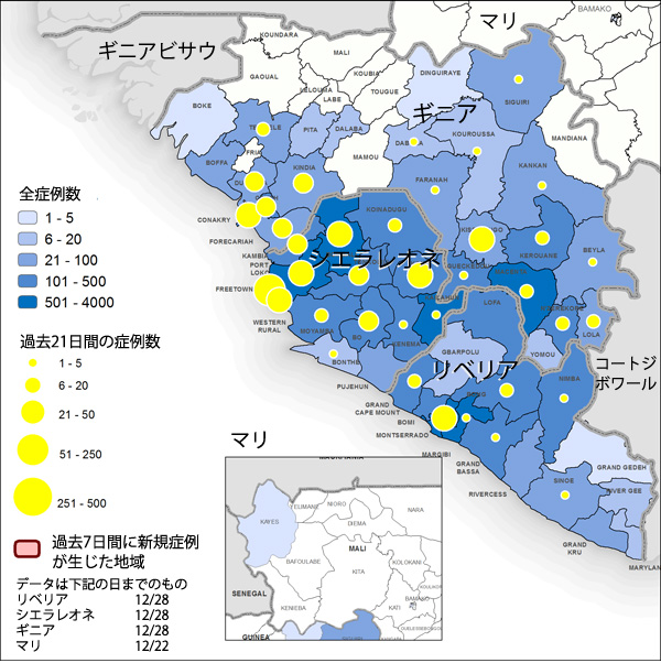 図．ギニア、リベリア、マリ、シエラレオネにおけるエボラ出血熱の新規および累積の診断確定および可能性の高い患者数の分布図