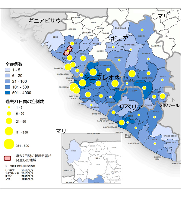 図．ギニア、リベリア、マリ、シエラレオネにおけるエボラ出血熱の新規および累積の診断確定および可能性の高い患者数の分布図