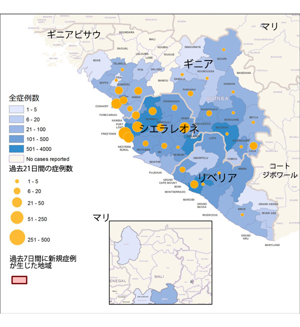 図,ギニア、リベリア、マリ、シエラレオネにおけるエボラウイルス病の新規および累積の診断確定および可能性の高い患者数の分布図