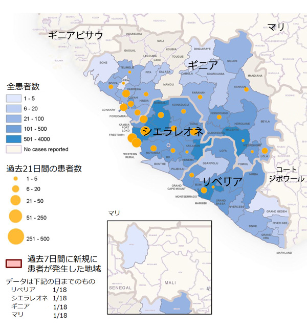 図．ギニア、リベリア、マリ、シエラレオネにおけるエボラ出血熱の新規および累積の診断確定および可能性の高い患者数の分布図