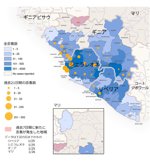 図．ギニア、リベリア、マリ、シエラレオネにおけるエボラ出血熱の新規および累積の診断確定および可能性の高い患者数の分布図