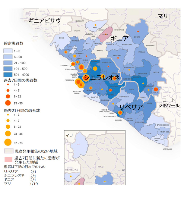 図．ギニア、リベリア、マリ、シエラレオネにおけるエボラ出血熱の新規および累積の診断確定および可能性の高い患者数の分布図