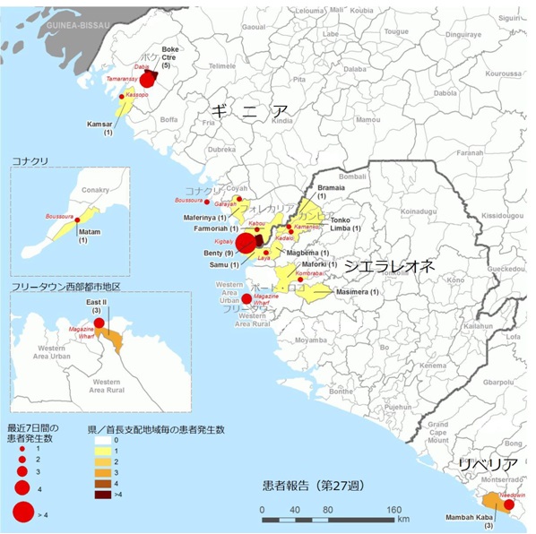 図．確定患者が報告された地図上の分布図