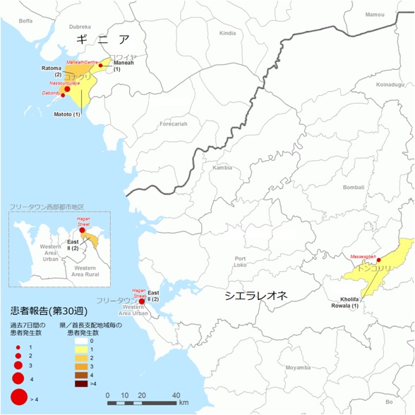 図．確定患者が報告された地図上の分布図