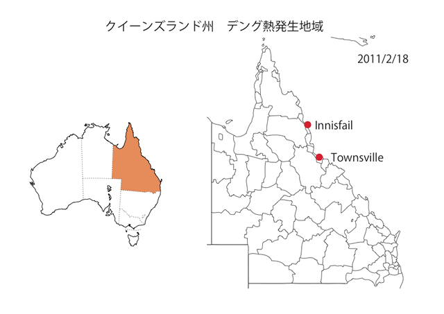 図．クイーンズランド州　デング熱発生地域　Townsville、Innisfailの地図