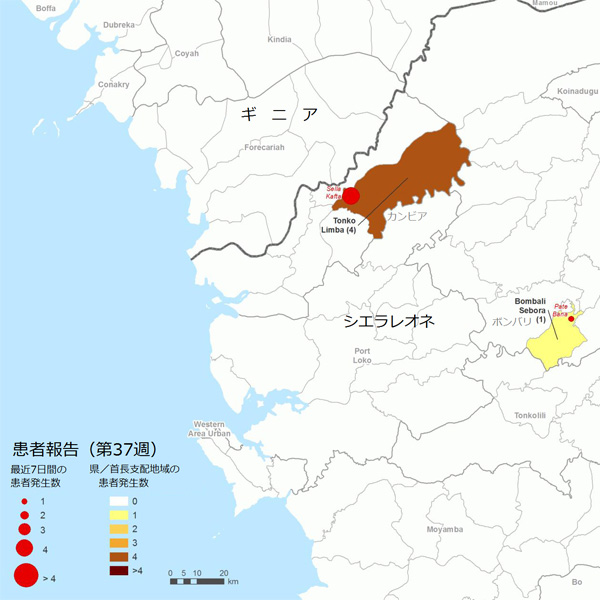 図．確定患者が報告された地図上の分布図