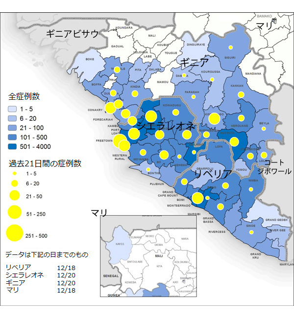 図,ギニア、リベリア、マリ、シエラレオネにおけるエボラウイルス病の新規および累積の診断確定および可能性の高い患者数の分布図